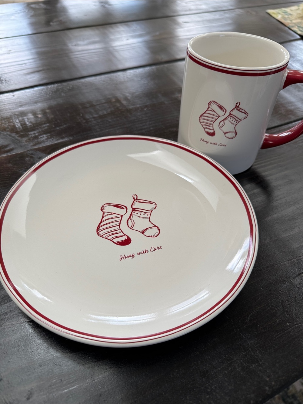 Sur La Table White and Red Stocking Plate and Mug, Santa milk and cookies set